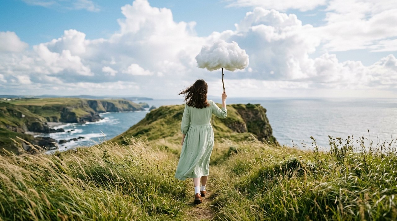 A woman holding a cloud like an umbrella walking through tall grass toward a cliff edge