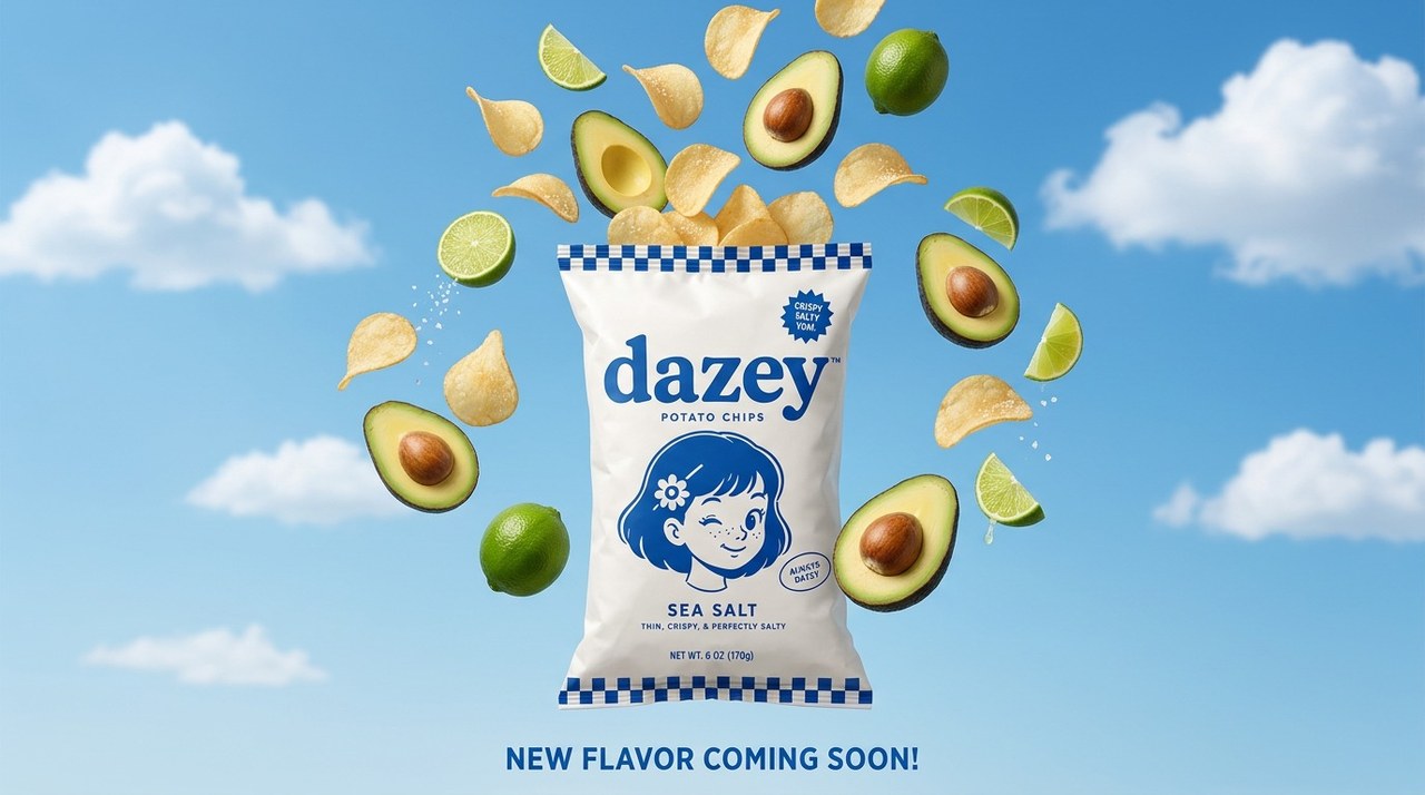 A Dazey chips bag floating in a bright sky with chips, avocados, and limes drifting around it
