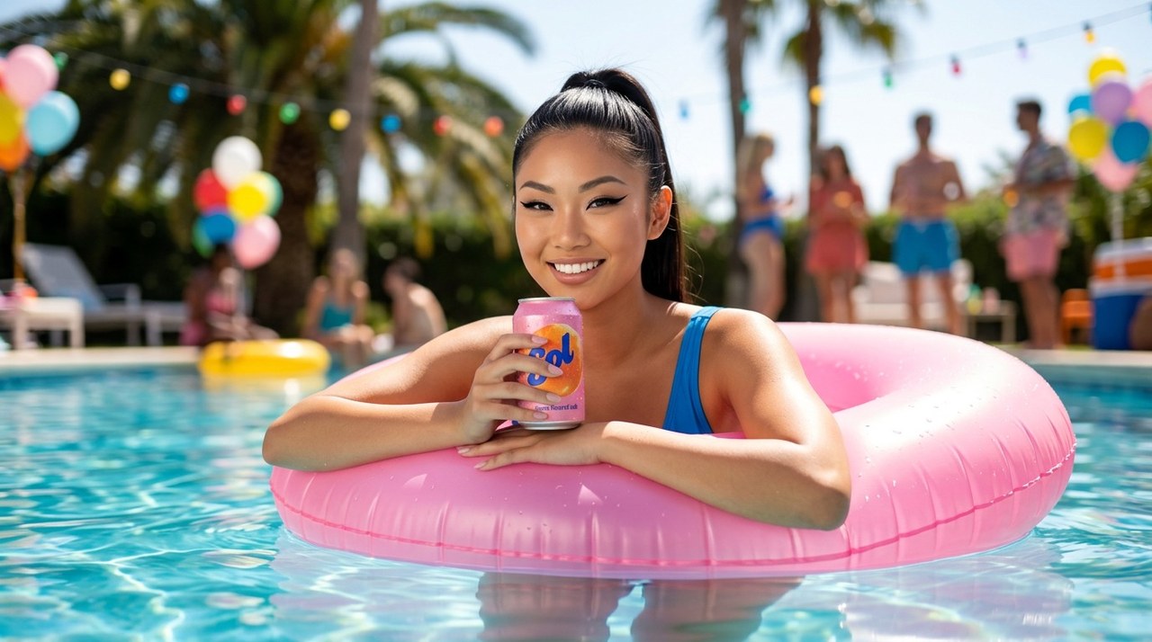 A woman in a pink pool floatie smiling and holding a Sol soda can