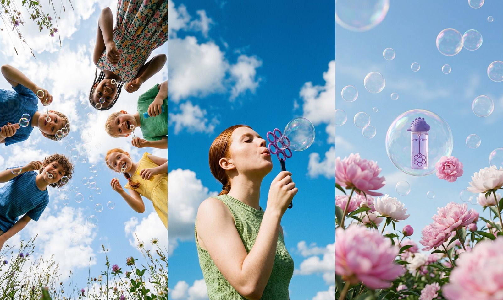Three Nano Banana 2 stills side by side: children blowing bubbles at the sky, a woman blowing a soap bubble from a flower wand, and a Soap Dreams bottle floating inside a bubble above peonies
