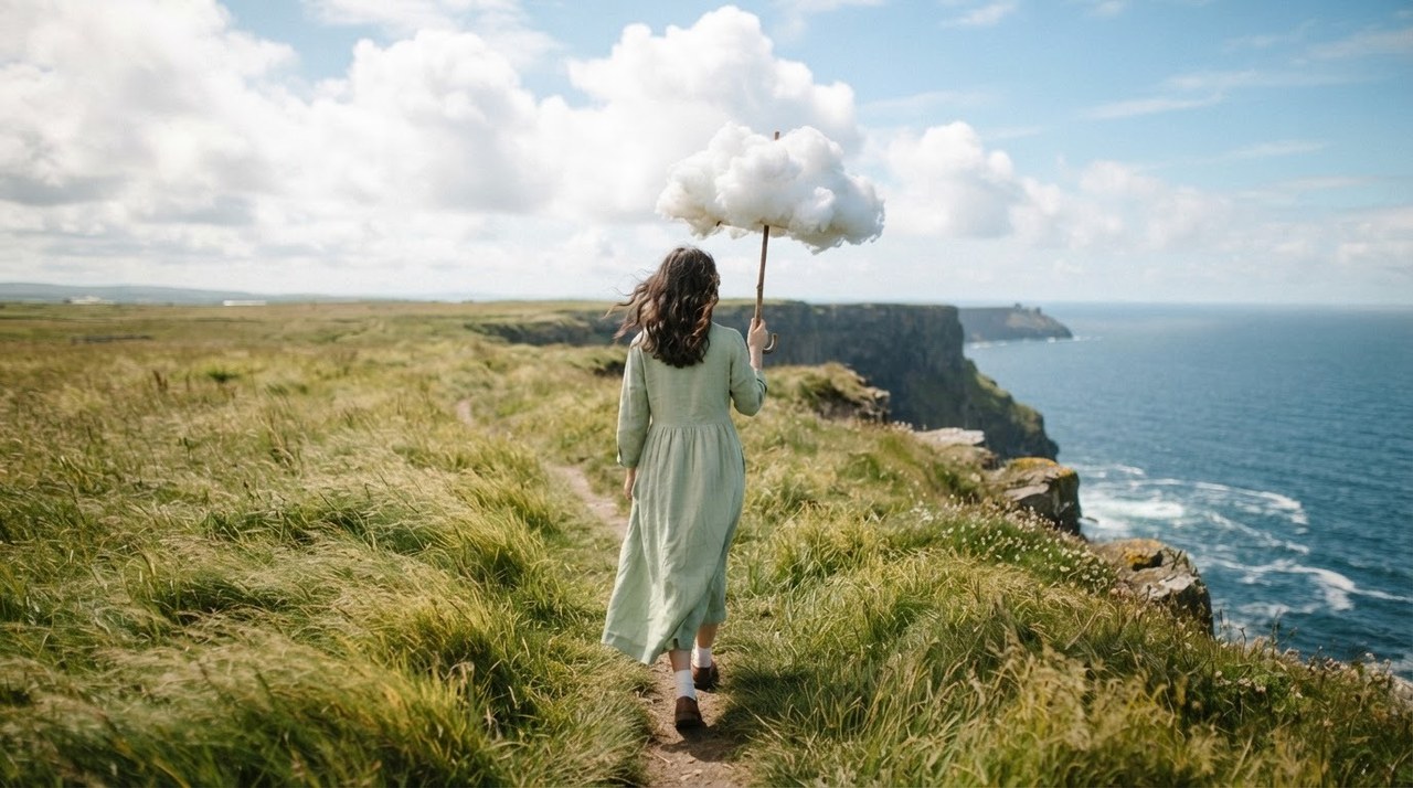 A woman holding a cloud like an umbrella walking through tall grass toward a cliff edge