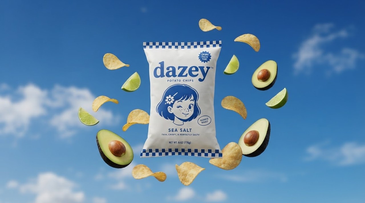 A Dazey chips bag floating in a bright sky with chips, avocados, and limes drifting around it