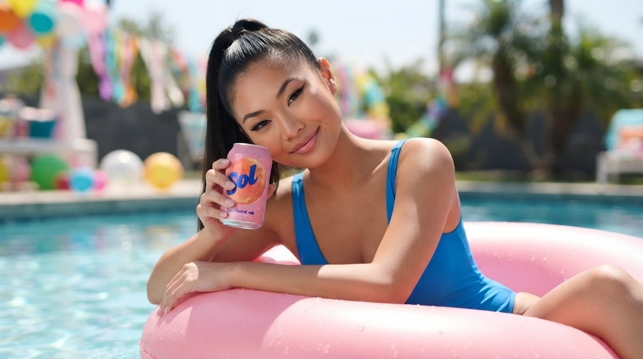 A woman in a pink pool floatie smiling and holding a Sol soda can
