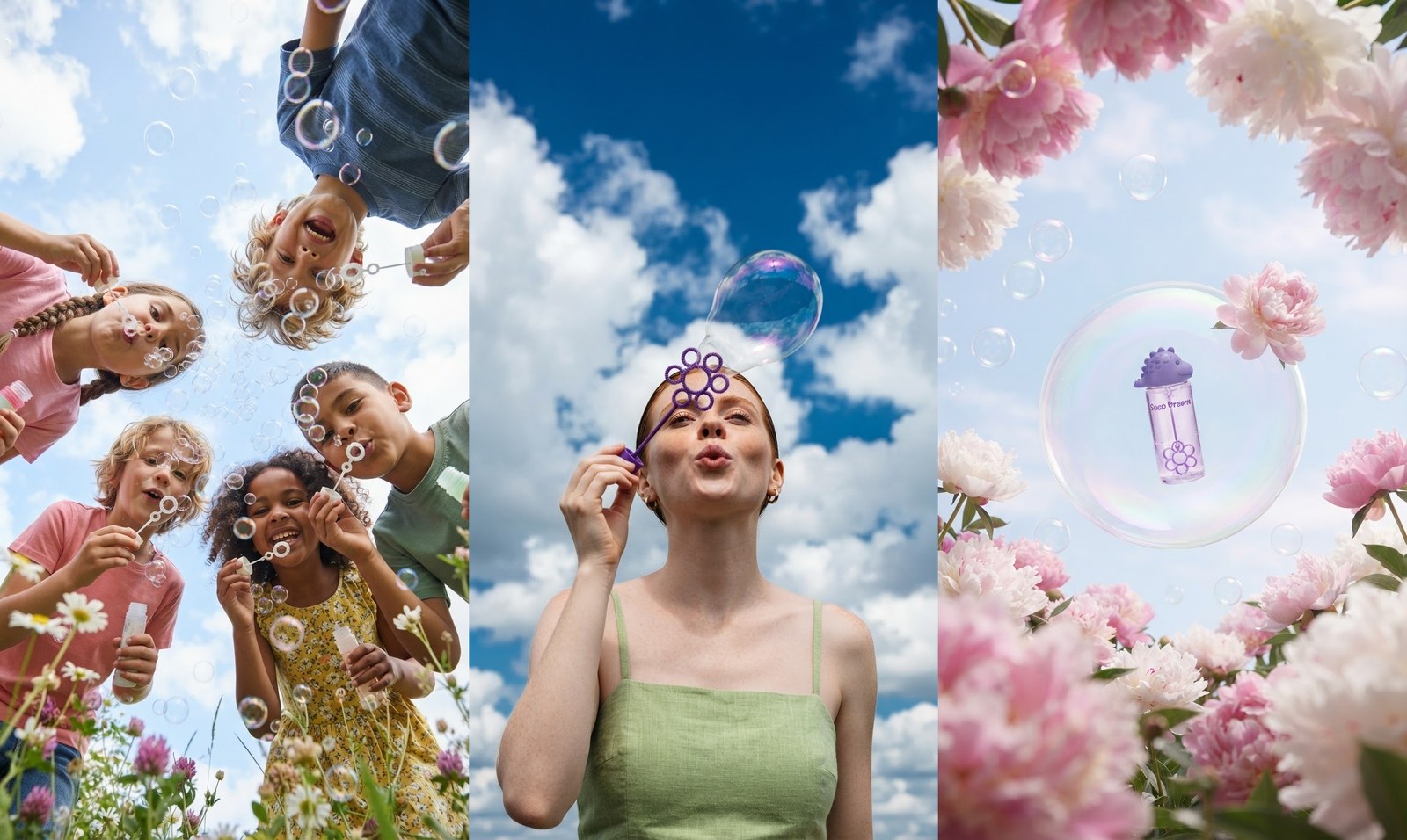 Three Nano Banana 2 Lite stills side by side: children blowing bubbles at the sky, a woman blowing a soap bubble from a flower wand, and a Soap Dreams bottle floating inside a bubble above peonies