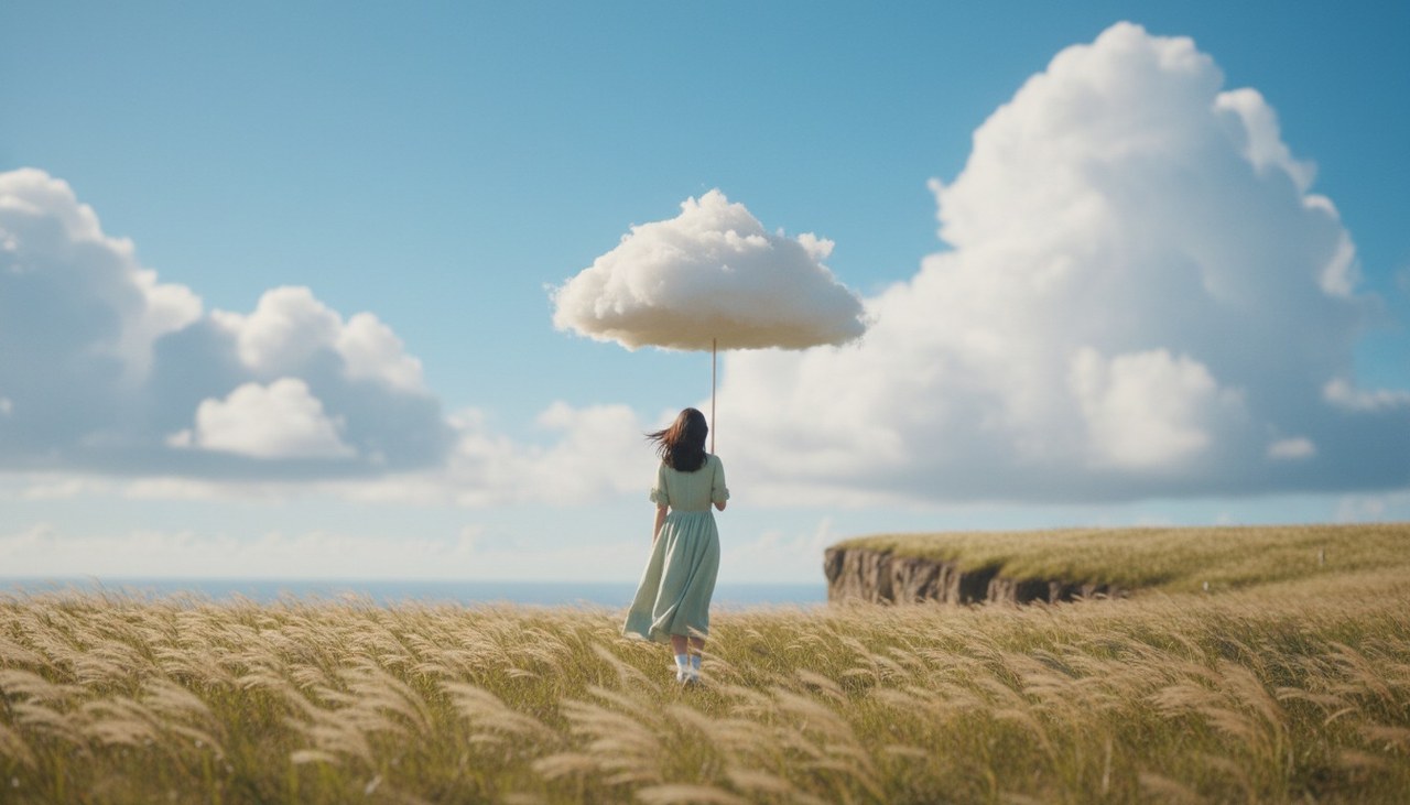 A woman holding a cloud like an umbrella walking through tall grass toward a cliff edge