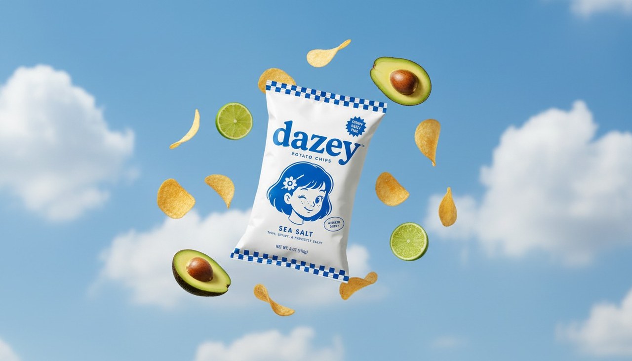 A Dazey chips bag floating in a bright sky with chips, avocados, and limes drifting around it