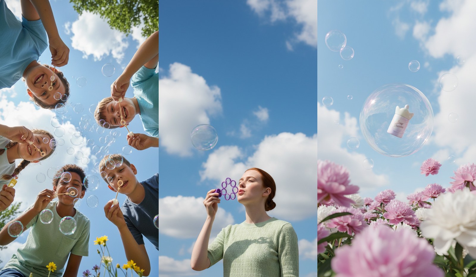 Three Nano Banana stills side by side: children blowing bubbles at the sky, a woman blowing a soap bubble from a flower wand, and a Soap Dreams bottle floating inside a bubble above peonies