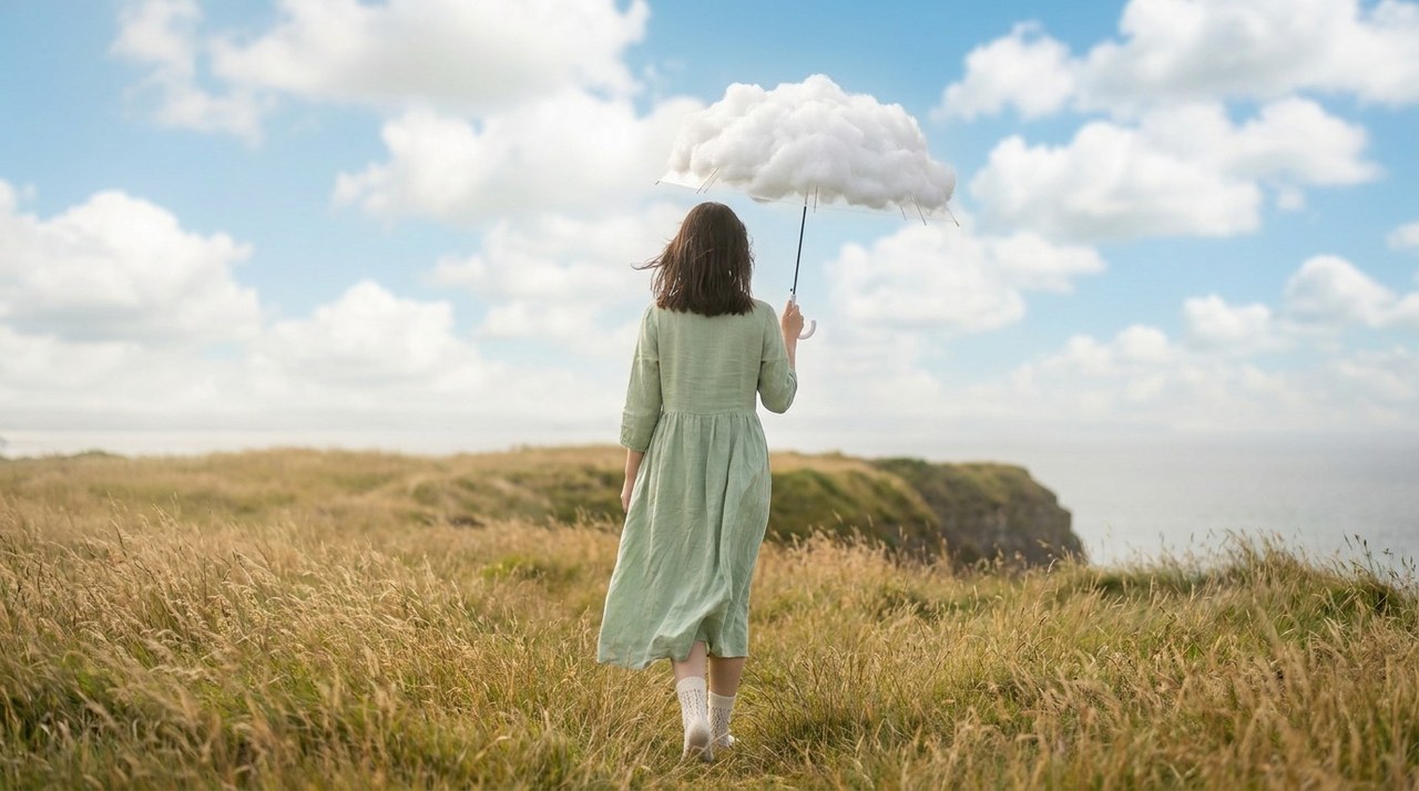 A woman holding a cloud like an umbrella walking through tall grass toward a cliff edge