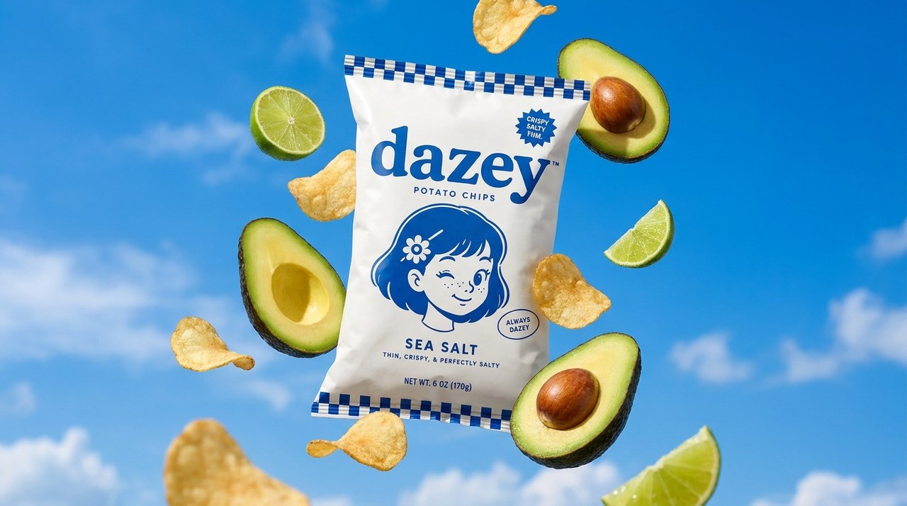 A Dazey chips bag floating in a bright sky with chips, avocados, and limes drifting around it