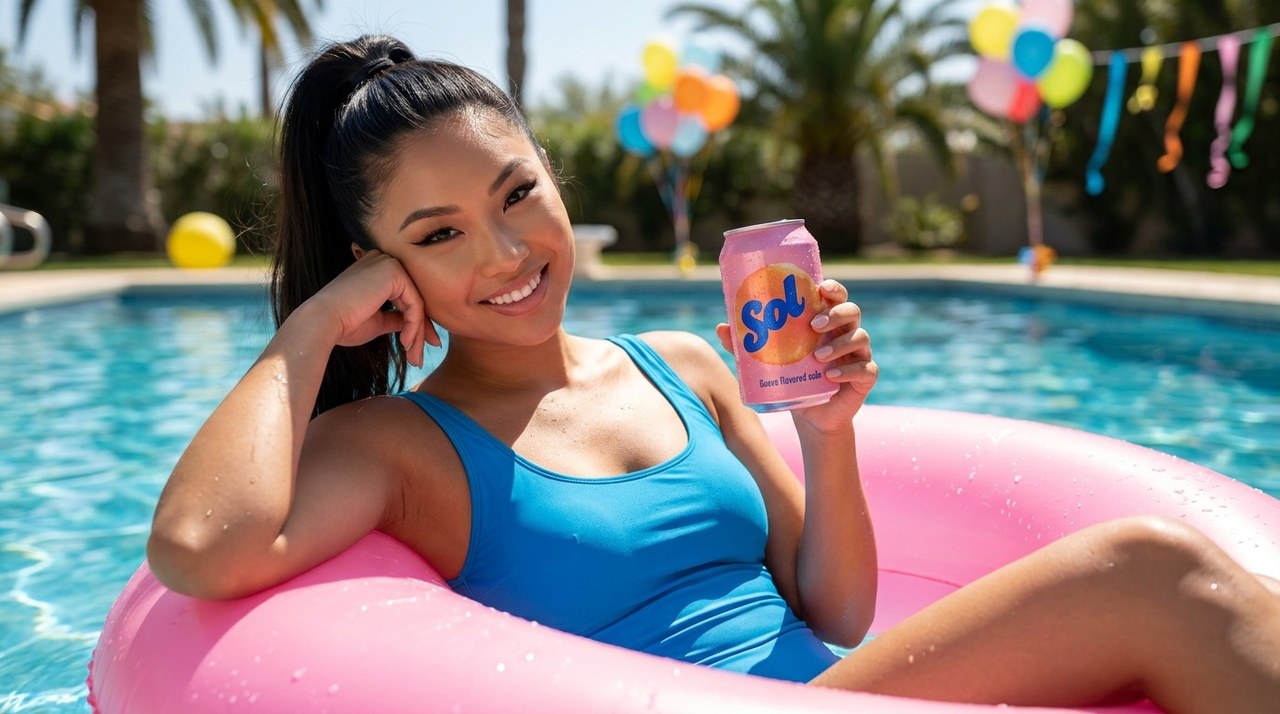 A woman in a pink pool floatie smiling and holding a Sol soda can