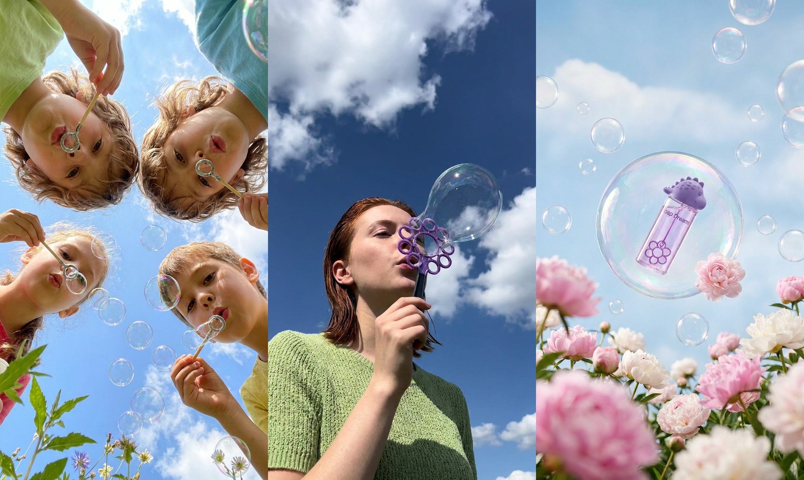 Three Nano Banana Pro stills side by side: children blowing bubbles at the sky, a woman blowing a soap bubble from a flower wand, and a Soap Dreams bottle floating inside a bubble above peonies