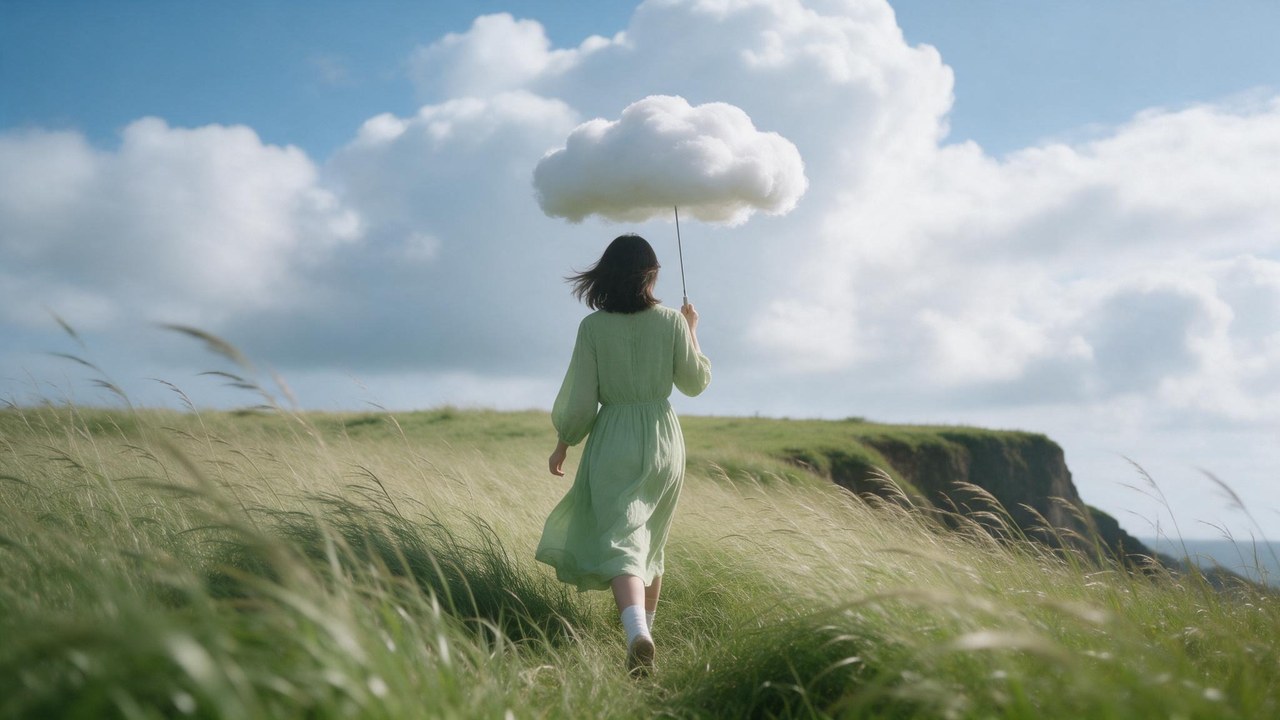 A woman in a pale green dress holding a cloud like an umbrella, walking through windblown grass toward a cliff edge
