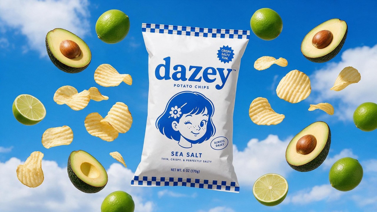 A Dazey sea salt potato chips bag floating in a blue sky with its printed copy legible, chips, avocado halves, and limes drifting around it