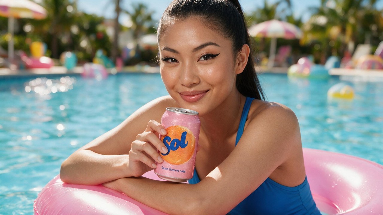 A woman with a high ponytail in a pink pool floatie at a sunlit poolside, smiling and holding a pink Sol guava soda can to the camera