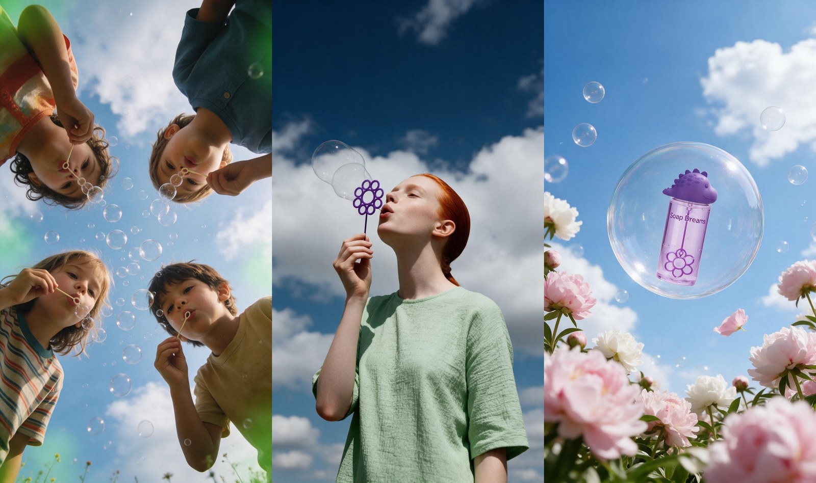 Three Seedream 5 Pro stills side by side: four children blowing bubbles seen from below, a red-haired woman blowing a soap bubble from a flower-shaped wand, and a purple Soap Dreams bottle floating inside a bubble above pink peonies