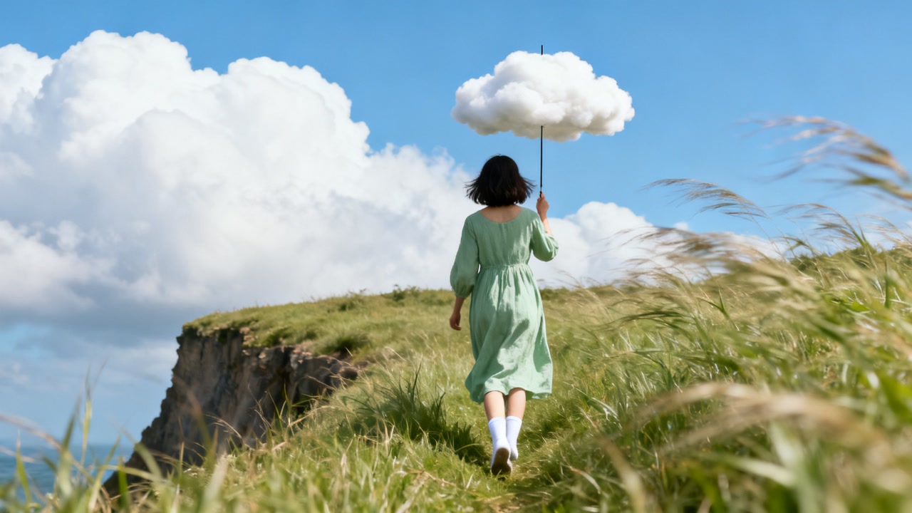 A woman holding a cloud like an umbrella walking through windblown grass toward a cliff edge