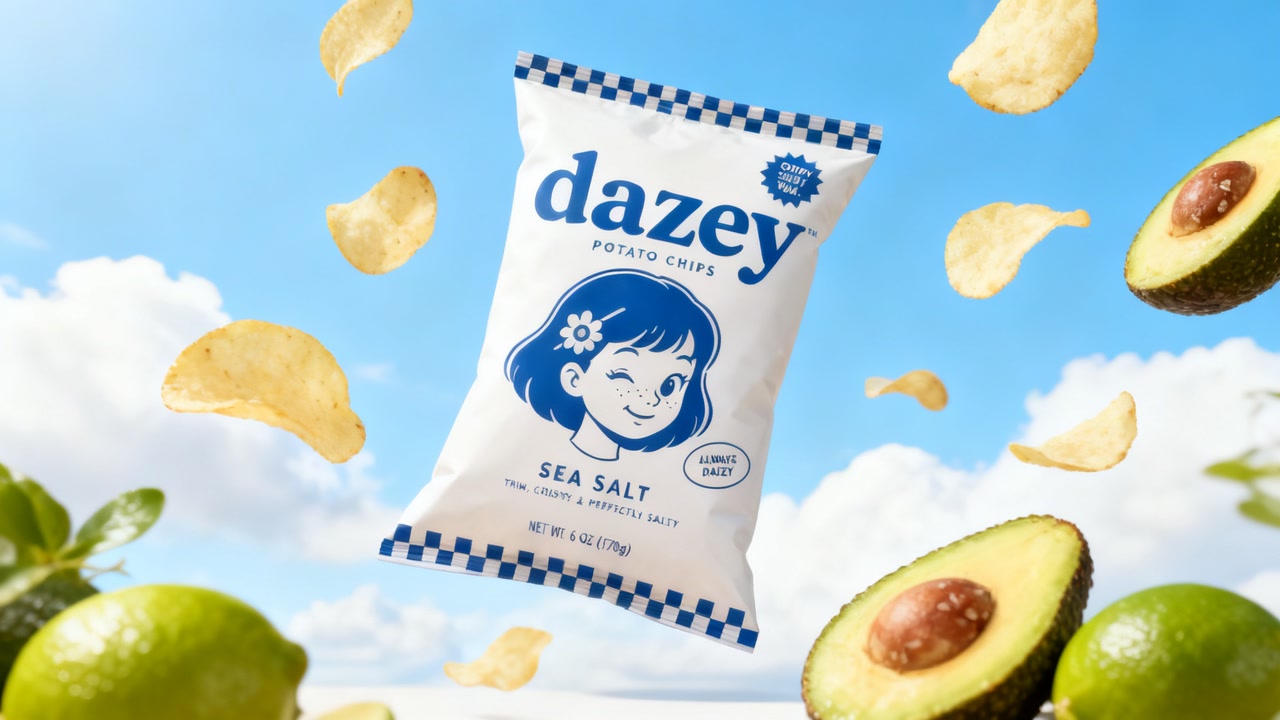 A Dazey sea salt potato chips bag floating in a bright sky with chips, avocado halves, and limes drifting around it