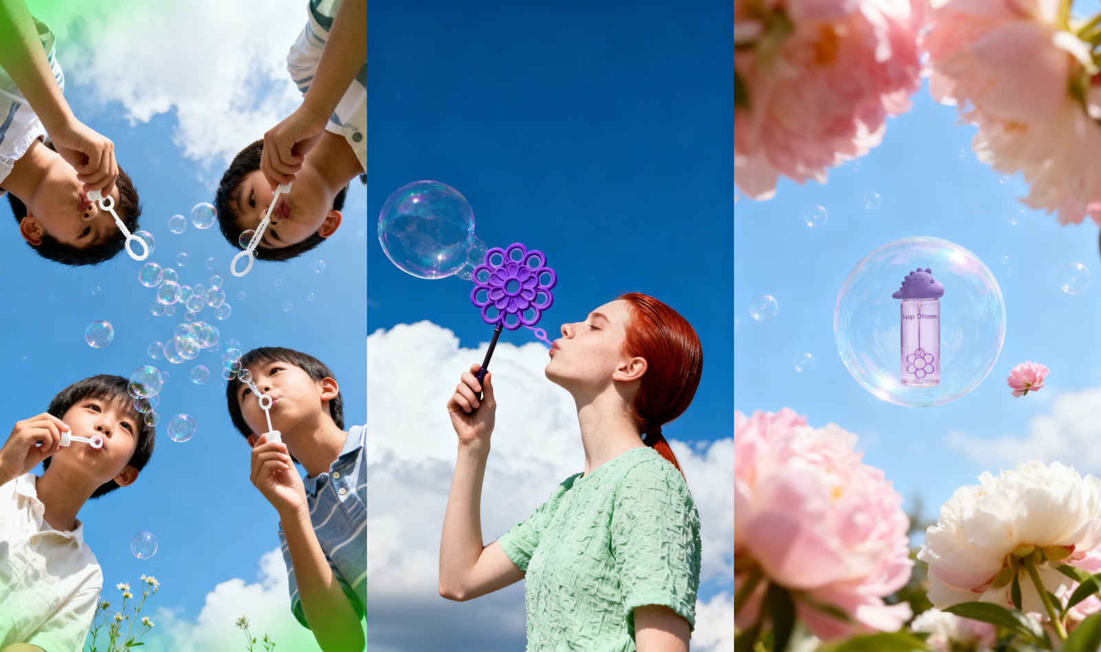 Three Seedream stills side by side: four children blowing bubbles seen from below, a woman blowing a soap bubble from a flower-shaped wand, and a Soap Dreams bottle floating inside a bubble above pink peonies