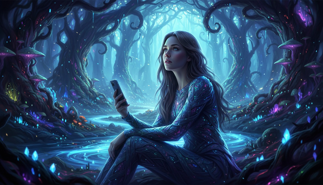 Person using phone in bioluminescent style with ethereal blue-green glow