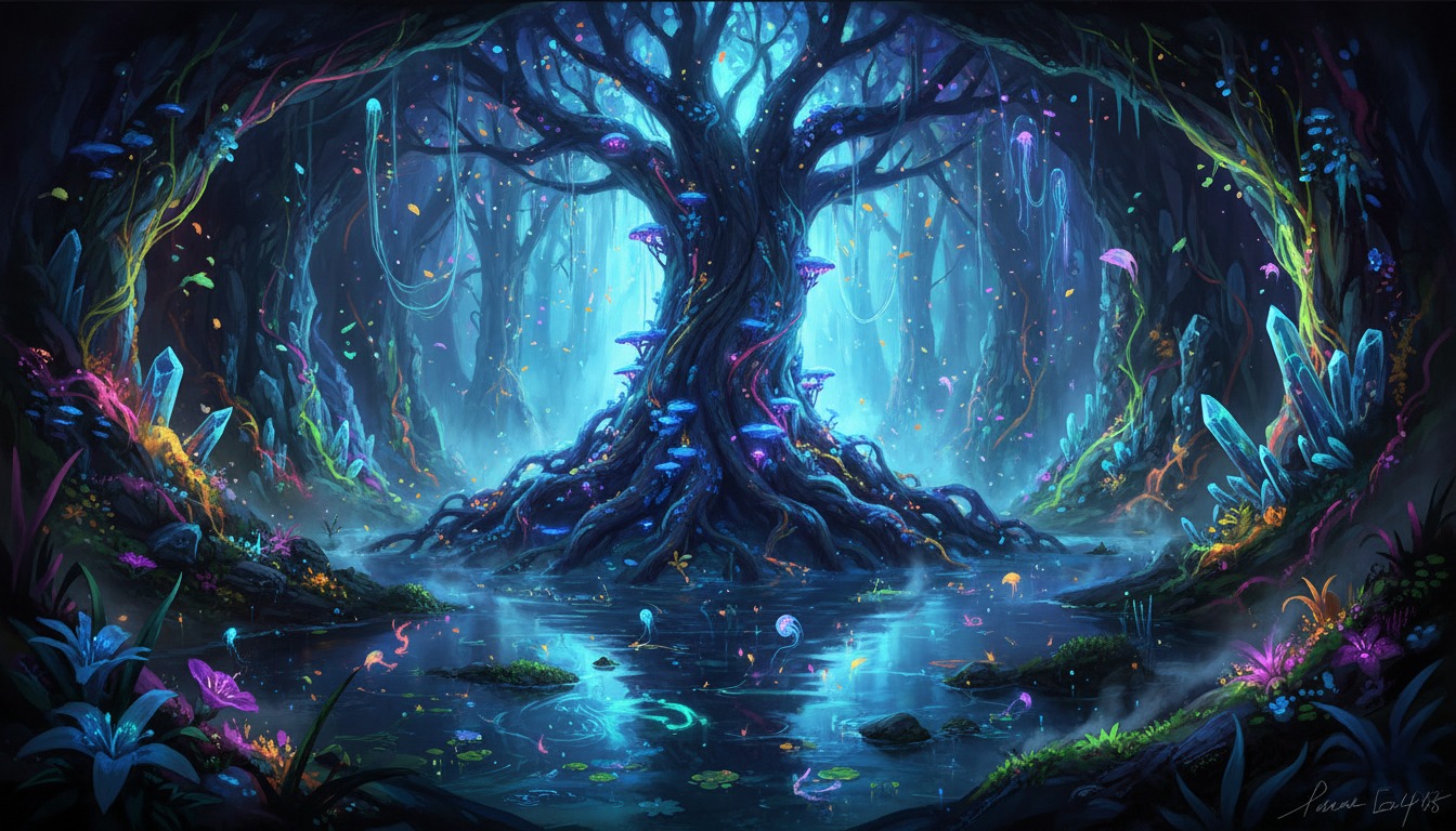Bioluminescent style deep sea or fantasy forest with glowing organic forms