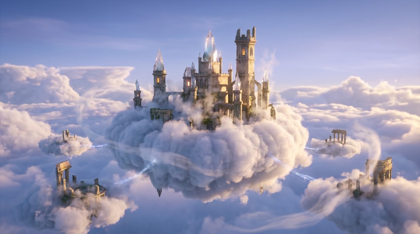 Expansive landscape with dramatic clouds and a castle in the distance, photorealistic