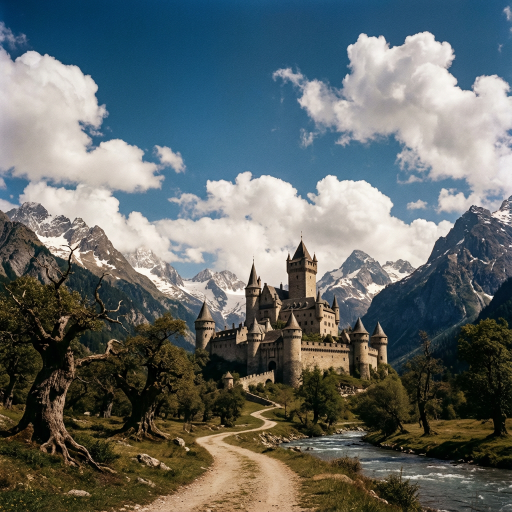 Expansive landscape with dramatic clouds and a castle in the distance, photorealistic