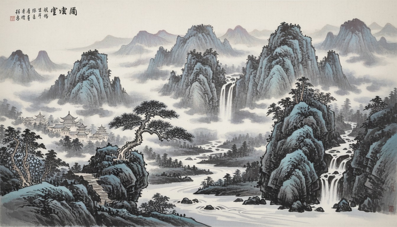 Chinese ink wash painting style landscape with mountains and mist
