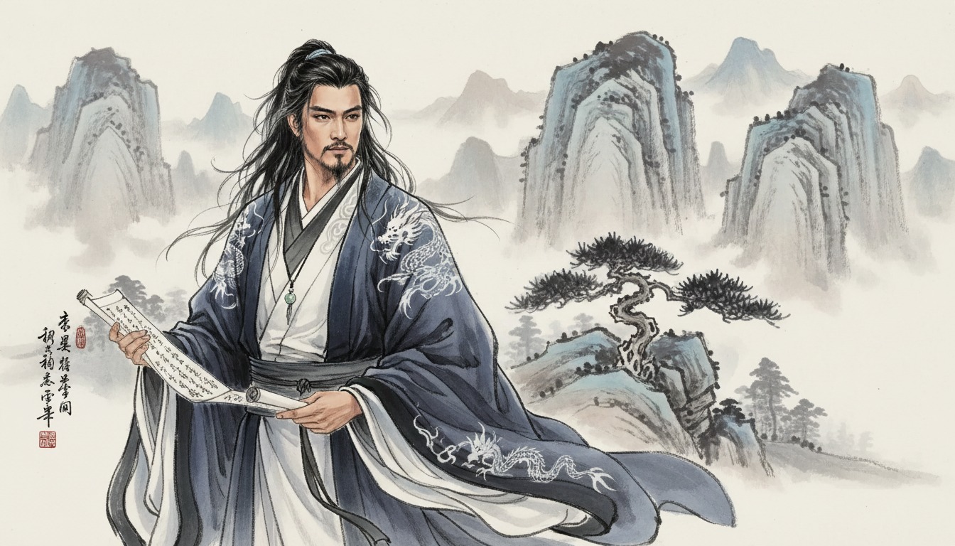 Chinese ink wash painting style portrait with fluid brushstrokes and misty atmosphere