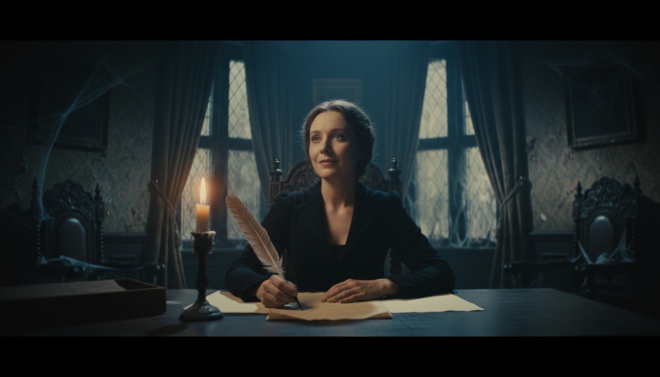 Step 2: Person writing by candlelight in dark Victorian setting