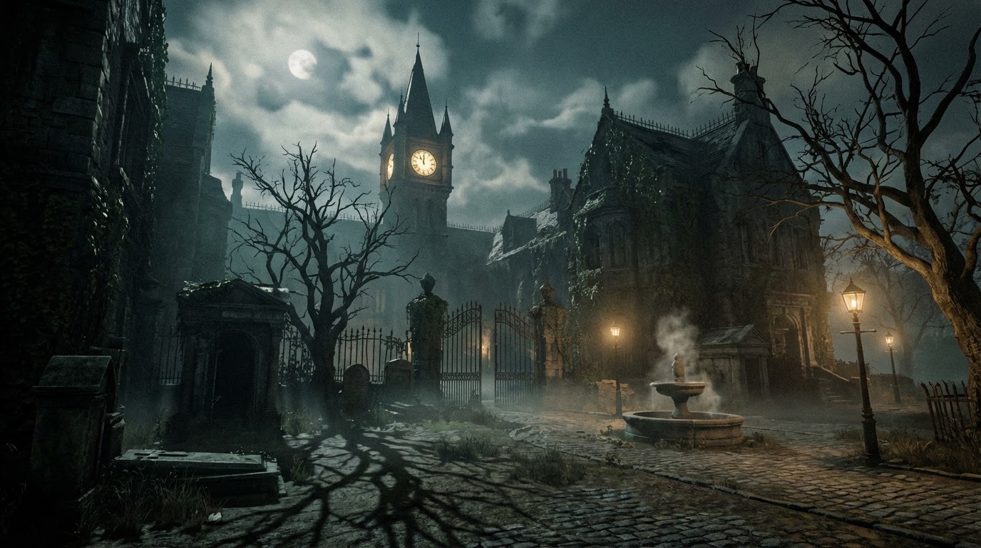 Classic Horror style landscape - Dark Victorian mansion exterior with dramatic contrasts, ominous shadows, and foreboding atmosphere