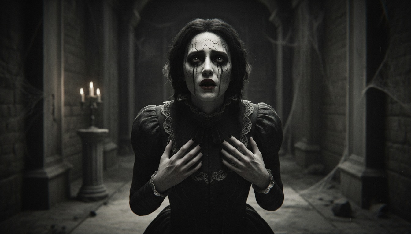 Classic Horror style portrait - Dark Victorian mansion with candlelit shadows, ominous atmosphere, and foreboding Gothic aesthetic