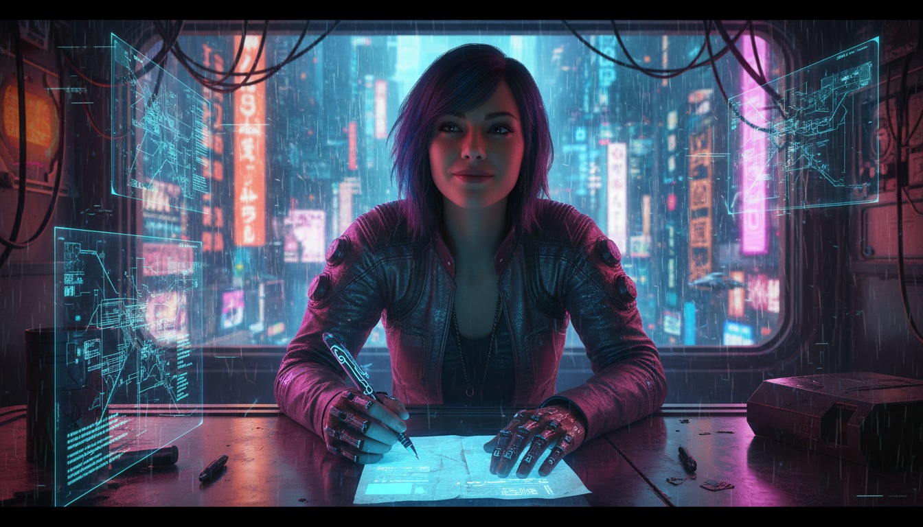 Person writing in cyberpunk style