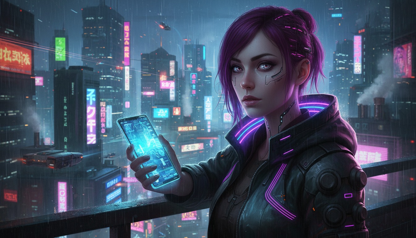 Person using phone in cyberpunk style