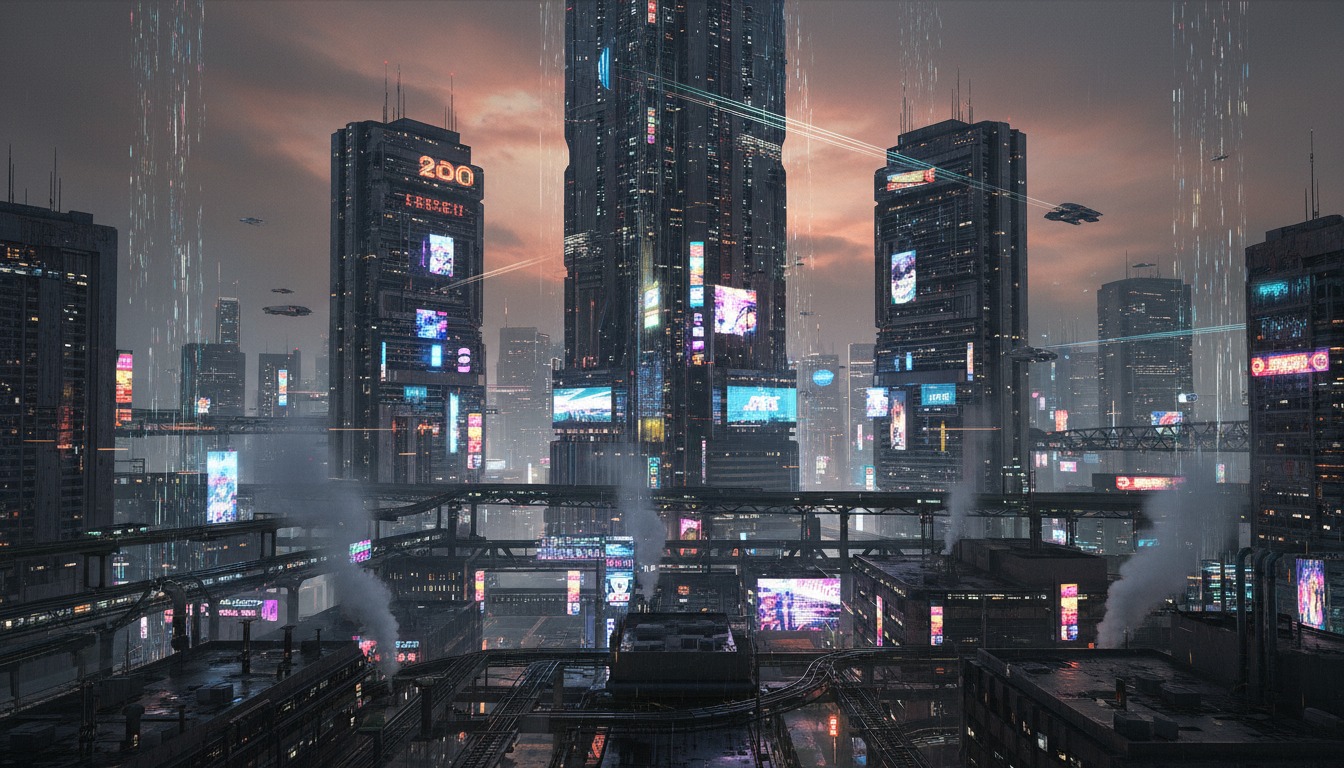 Cyberpunk style neon-lit cityscape landscape