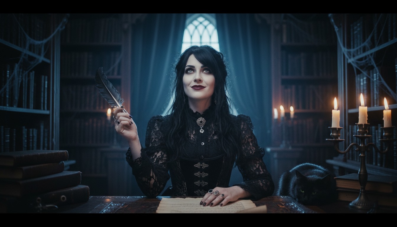 Woman writing on paper happily in Goth style