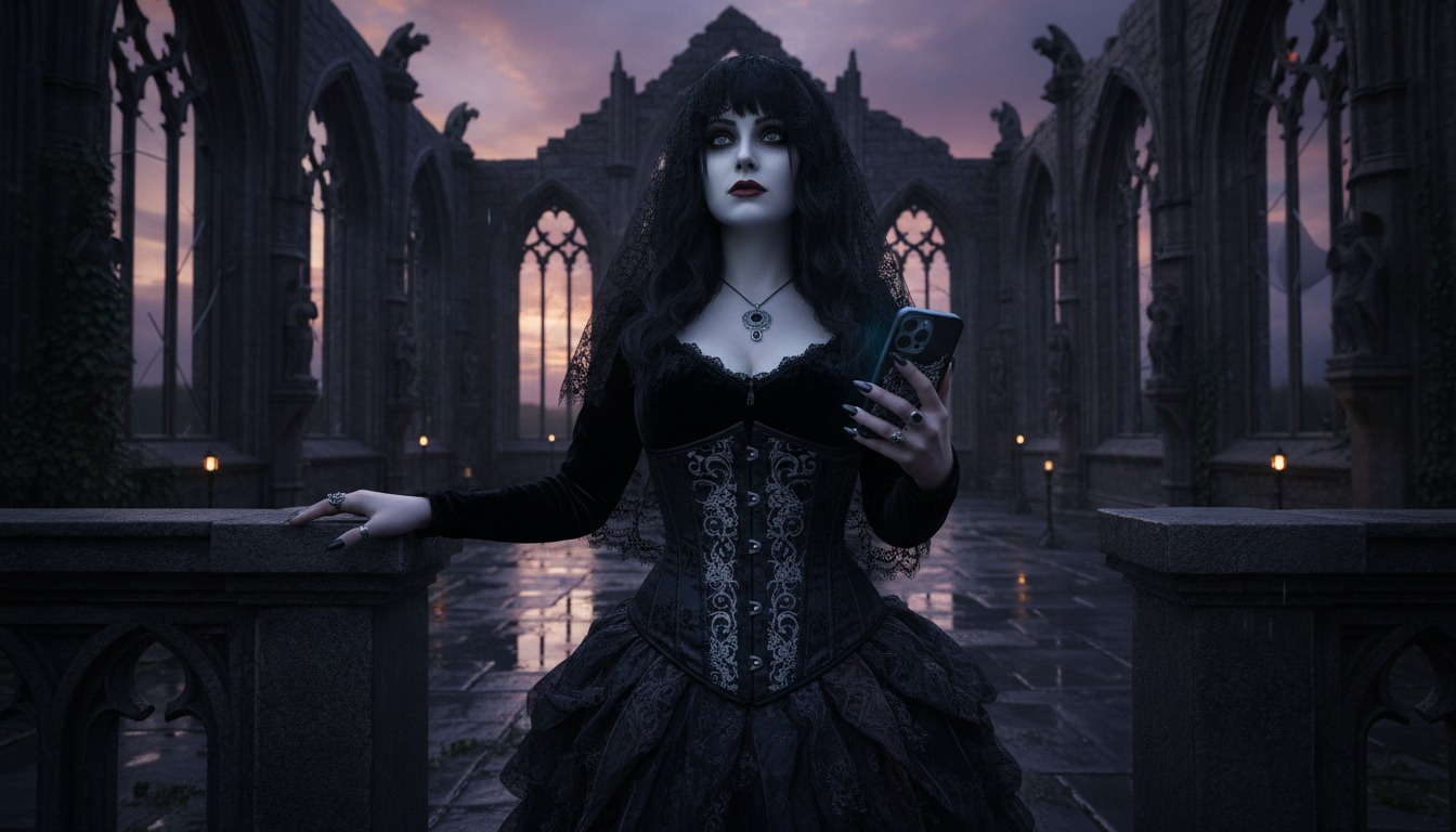 Woman using phone in Goth style