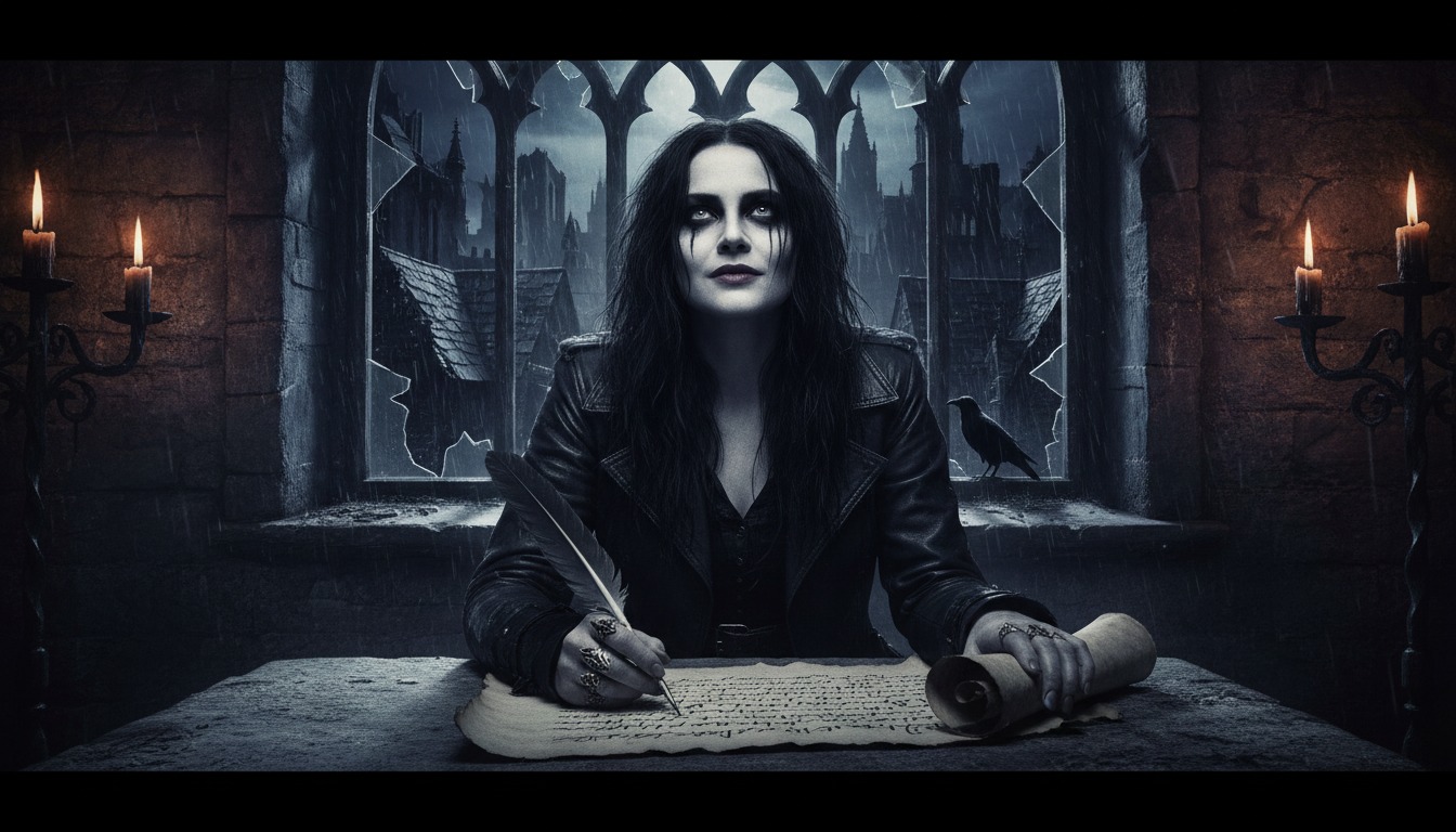 Gothic Horror like The Crow script creation - person writing in dark moody atmosphere
