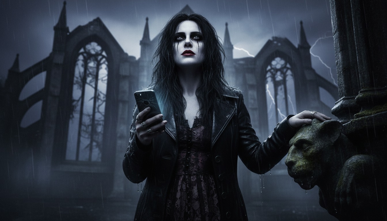 Gothic Horror like The Crow video creation - person using phone in dramatic gothic lighting
