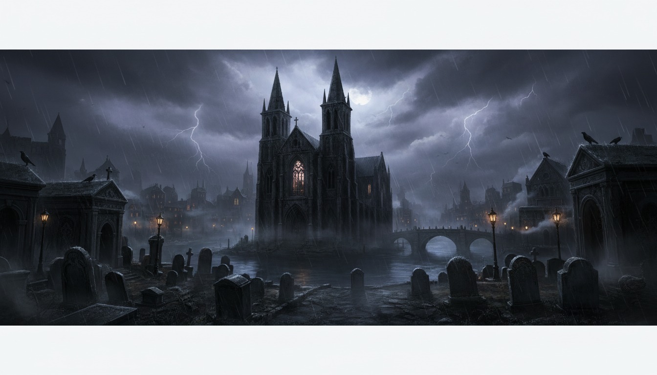 Gothic Horror like The Crow landscape - dark urban environment with gothic architecture and fog