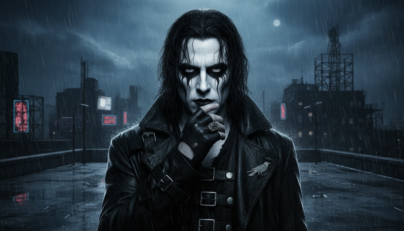 Gothic Horror like The Crow portrait - rain-soaked urban gothic aesthetic with dramatic shadows