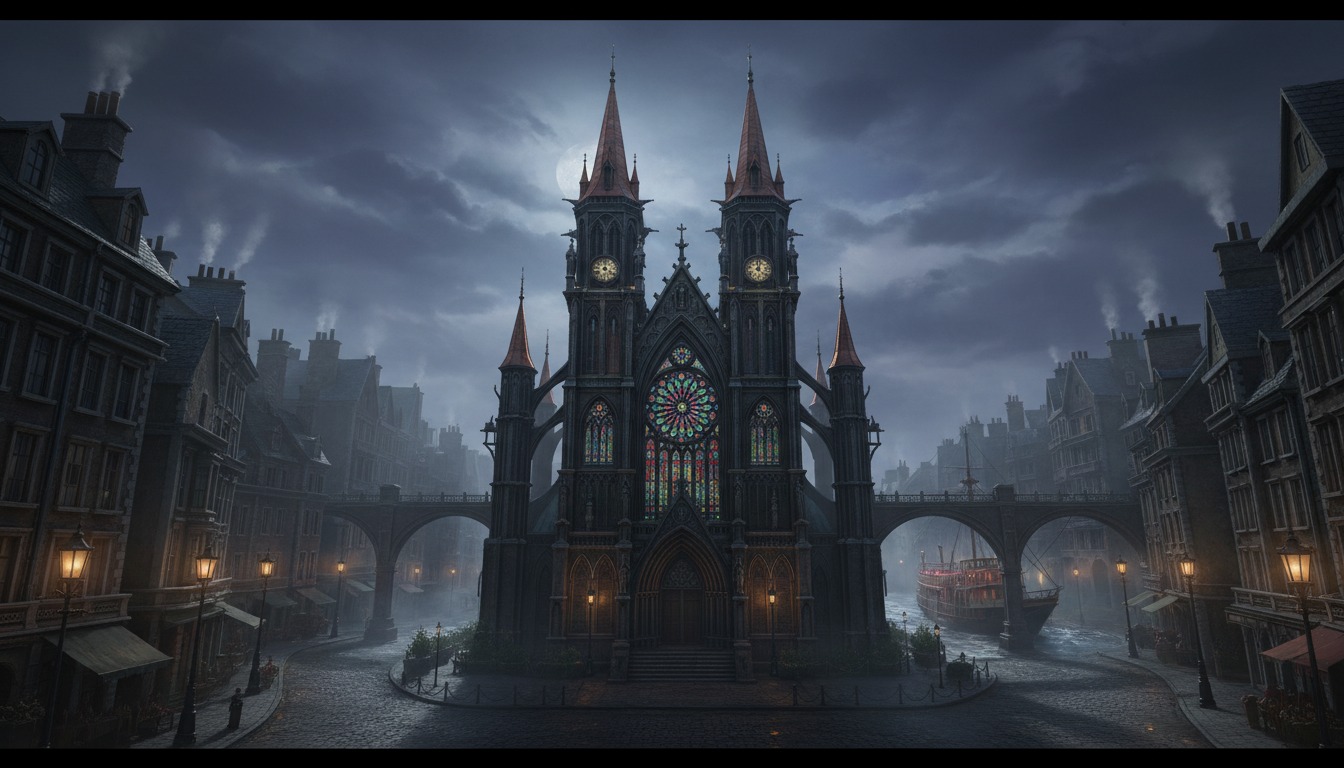 Gothic Victorian Architecture Inspired landscape - soaring spires, ornate facades, and dramatic Gothic Revival architecture