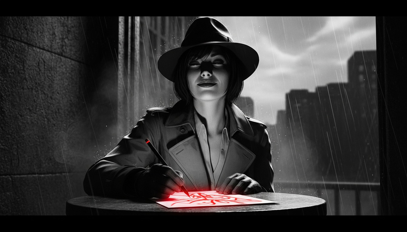 High Contrast Sin City Style script creation - person writing in dramatic noir atmosphere