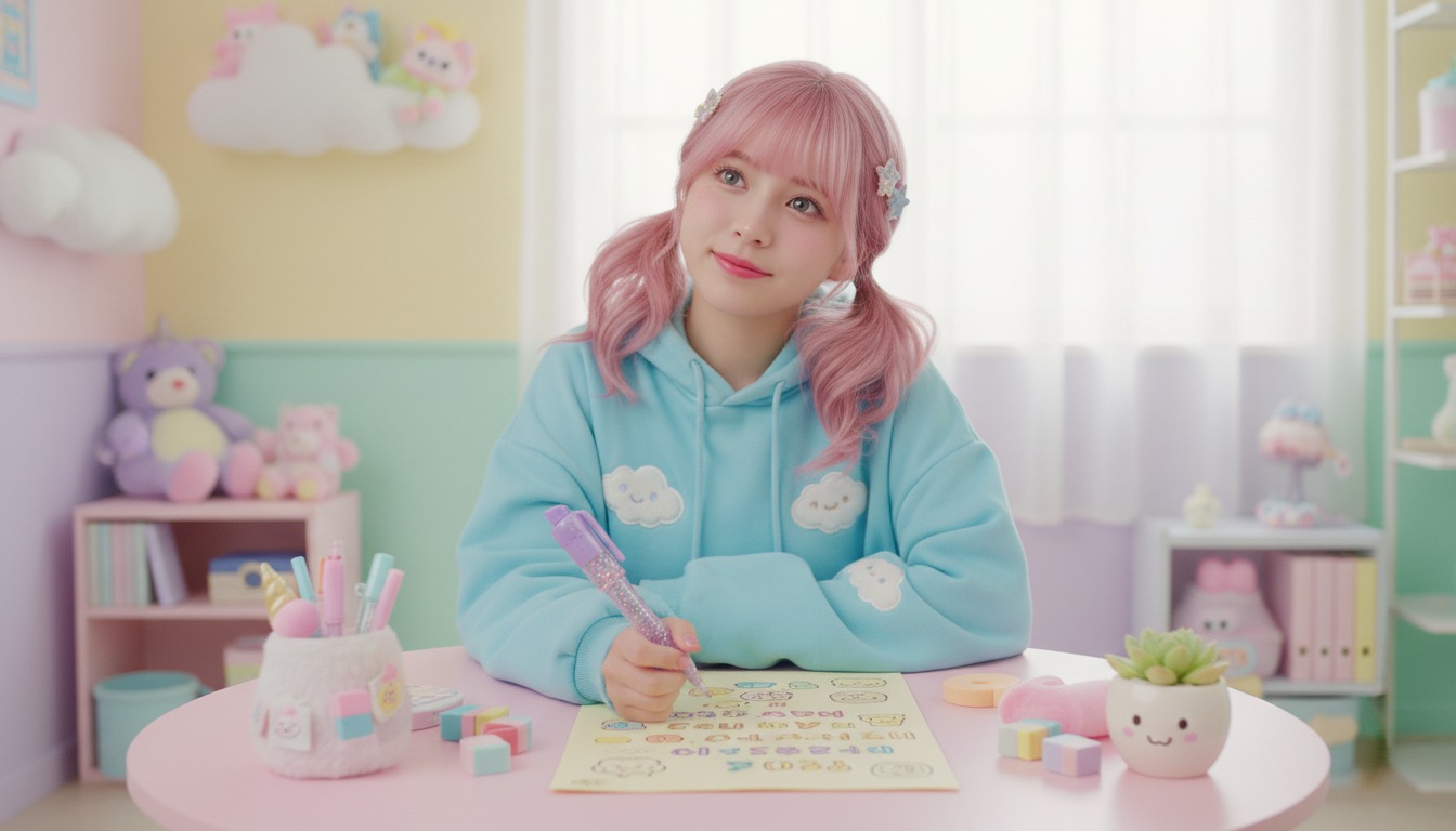 Woman writing on paper happily in Pastel Kawaii style