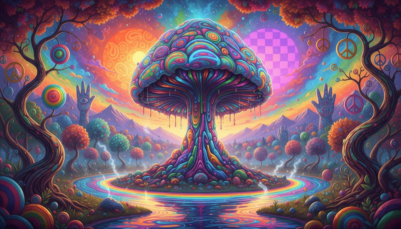 Psychedelic 1960s visuals style landscape