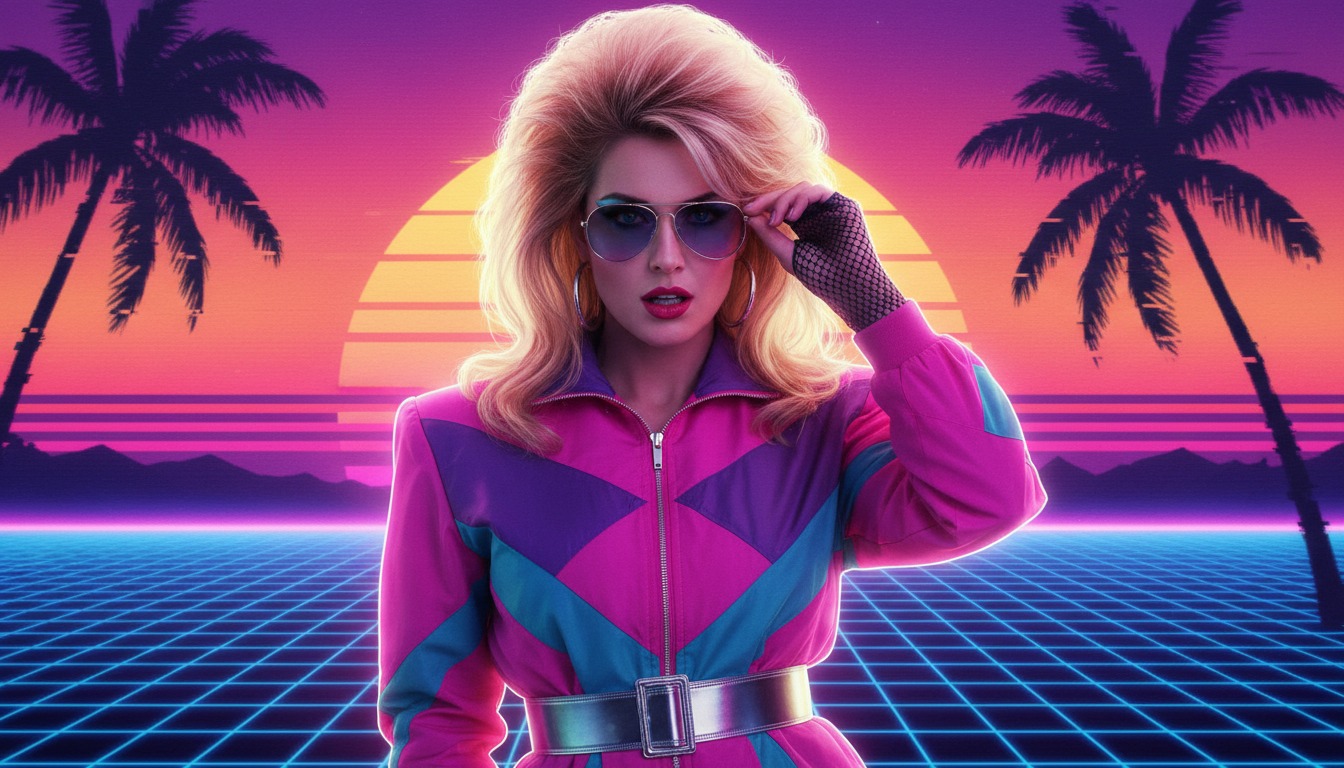 Retro 80s style synthwave neon grid sunset portrait