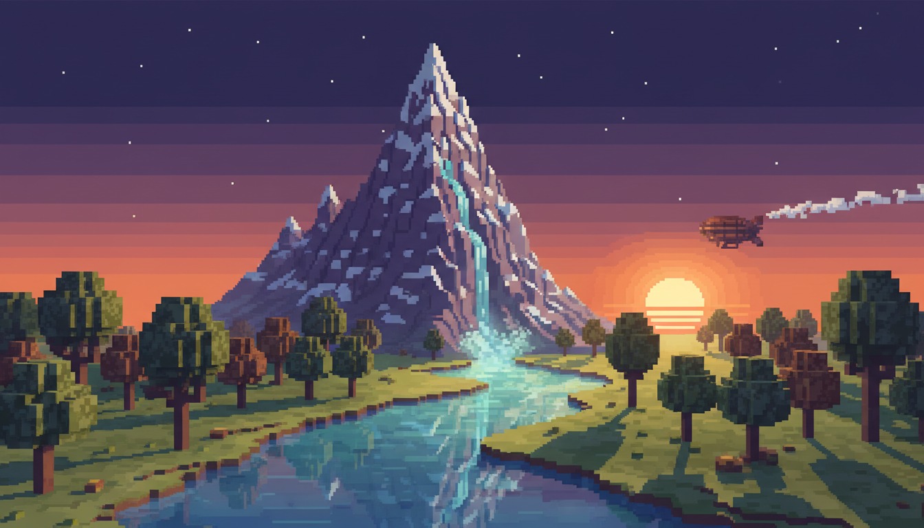 Retro video game pixel art aesthetic - landscape orientation showcasing pixelated graphics and limited color palette