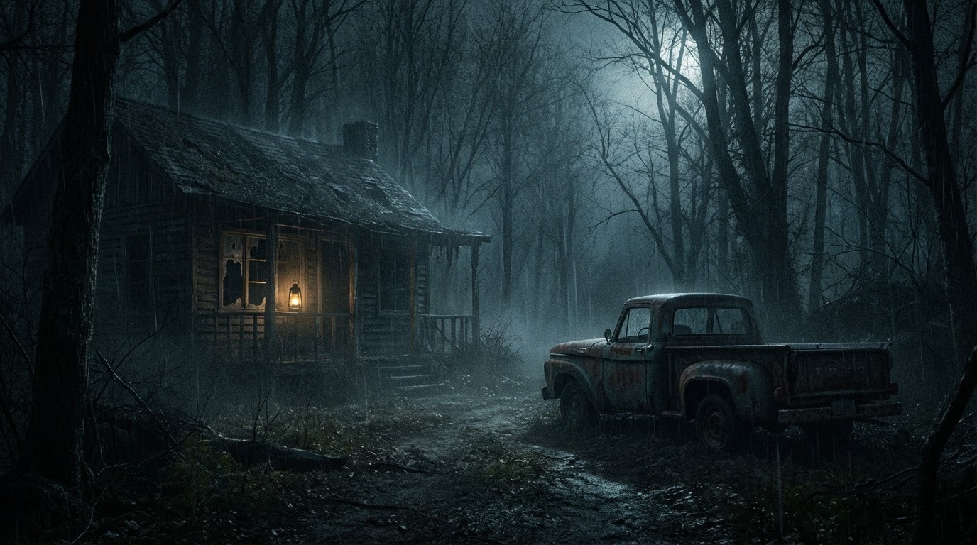 Slasher film style landscape - 80s horror movie aesthetics with dramatic lighting and classic thriller tension