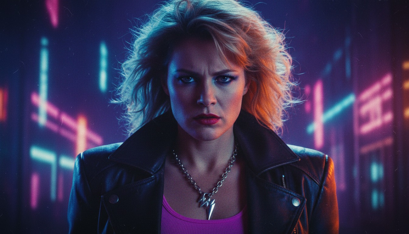 Slasher film style portrait - 80s horror movie aesthetics with dramatic lighting and suspenseful atmosphere