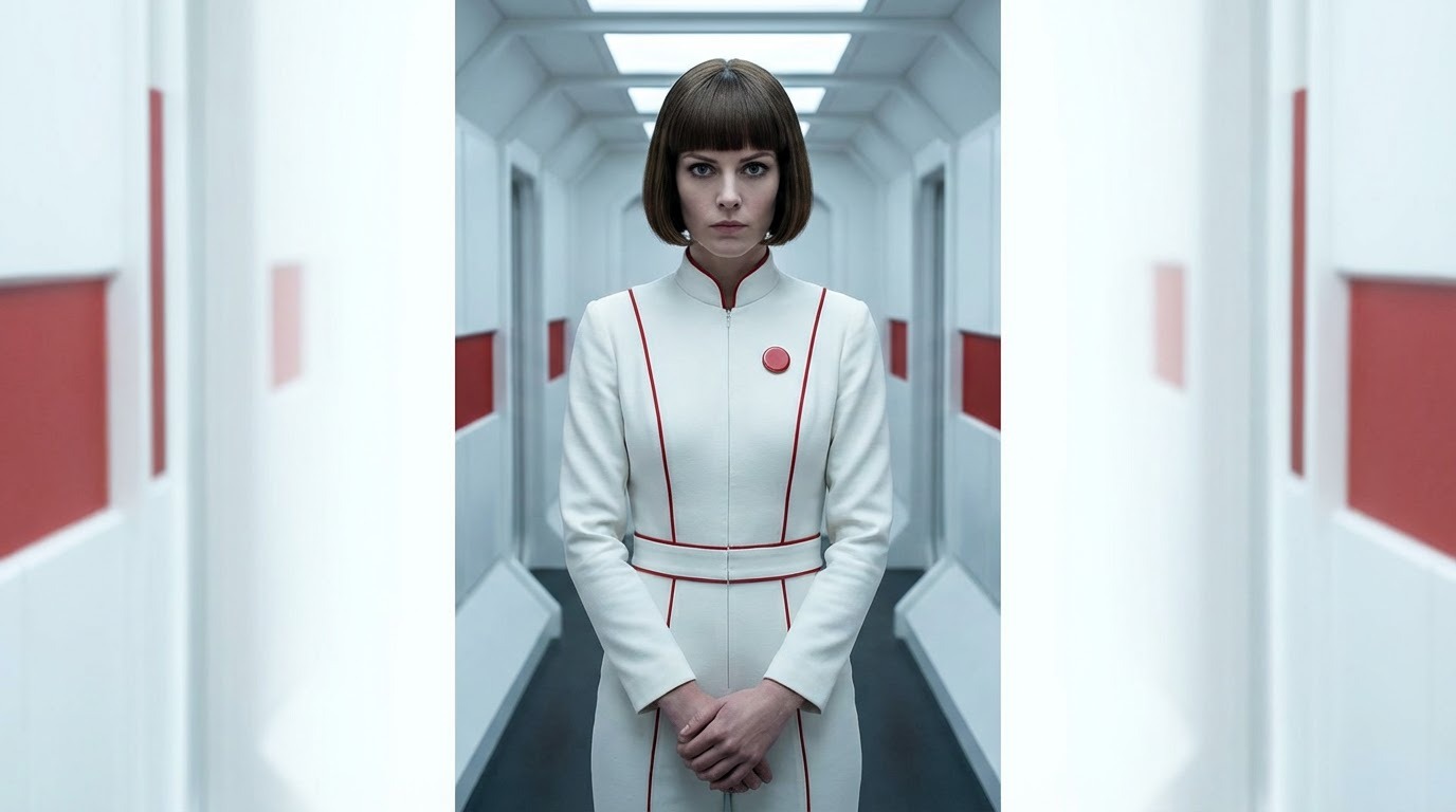 Stanley Kubrick Symmetry style portrait - centered, symmetrical composition with cool color palette