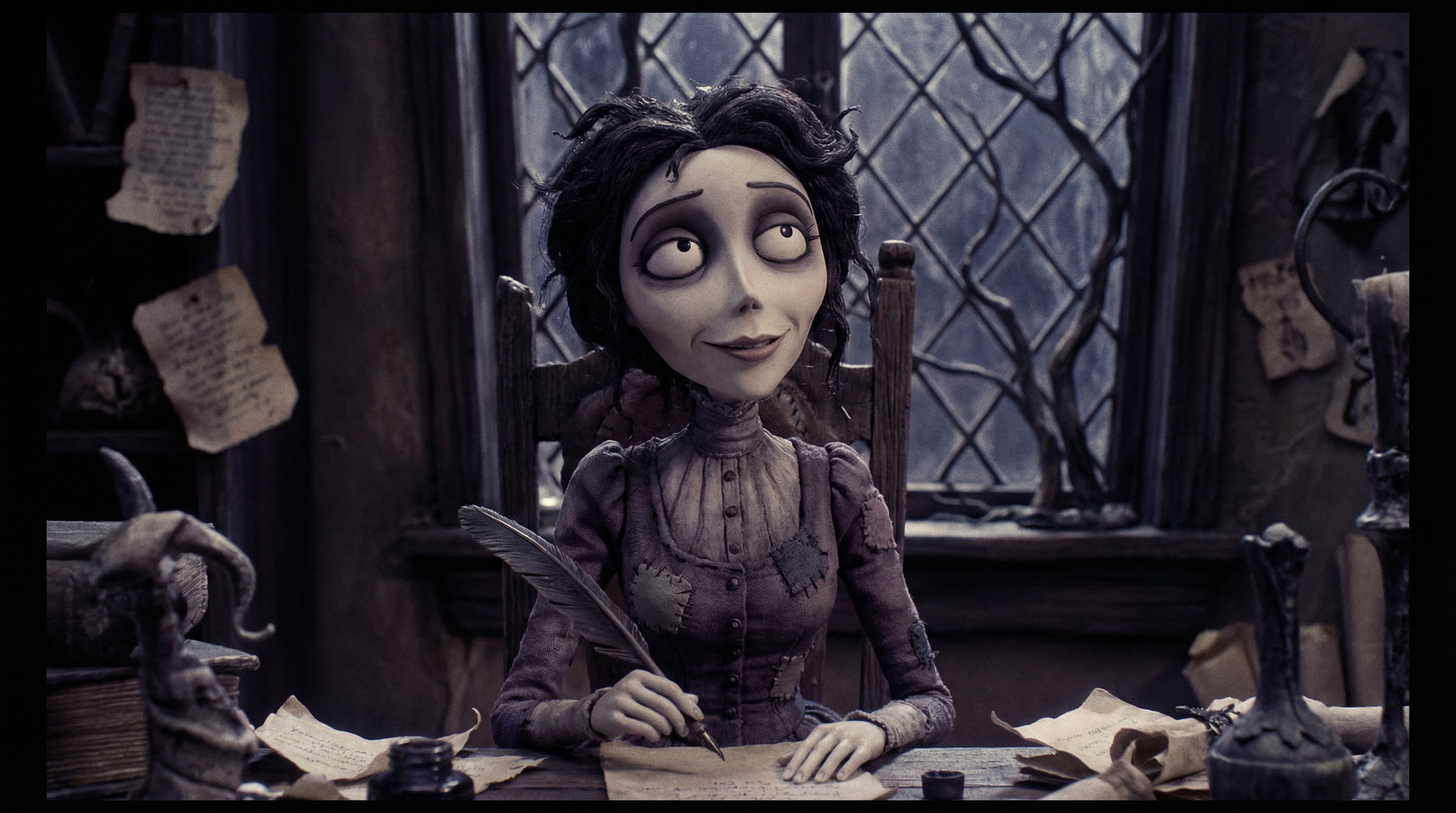 Person writing script in Tim Burton aesthetic - Gothic yet playful style with quirky character designs